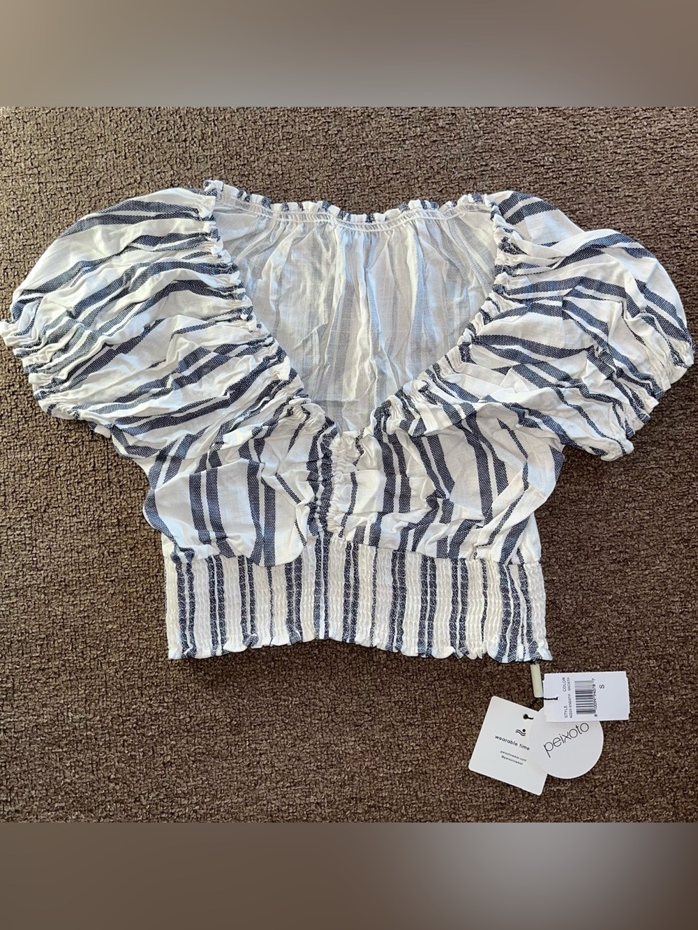 Peixoto White Navy Striped Puff Sleeve Cropped Top